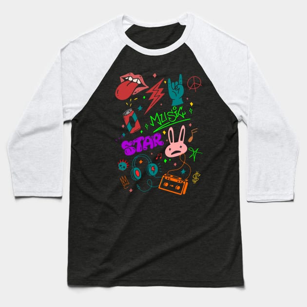 Rock n roll Graffiti skull neon doodle Baseball T-Shirt by SpaceWiz95